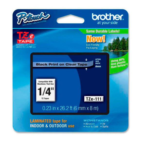 Brother TZe111 0.23 in x 26.2 ft (6mm x 8m) Black on Clear