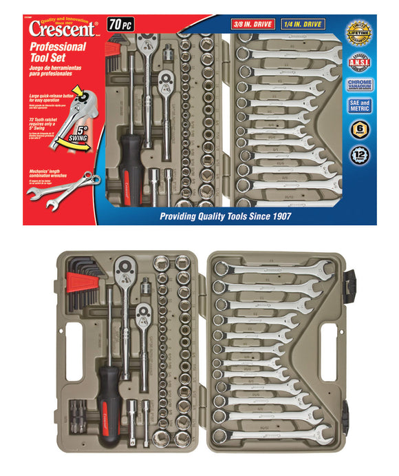 Crescent Tools CTK70MP 70-Piece Ratchet & Combination Wrench Professional Tool Set with Hard Case and Wrap