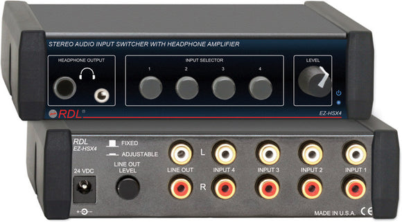 RDL EZ-HSX4 4x1 Stereo Audio Input Switcher with Headphone Amp with UK Plug