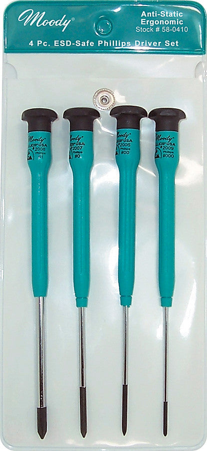 Moody Tools 4-Piece Phillips Screwdriver Set with Fixed ESD-Safe Handles (Long)