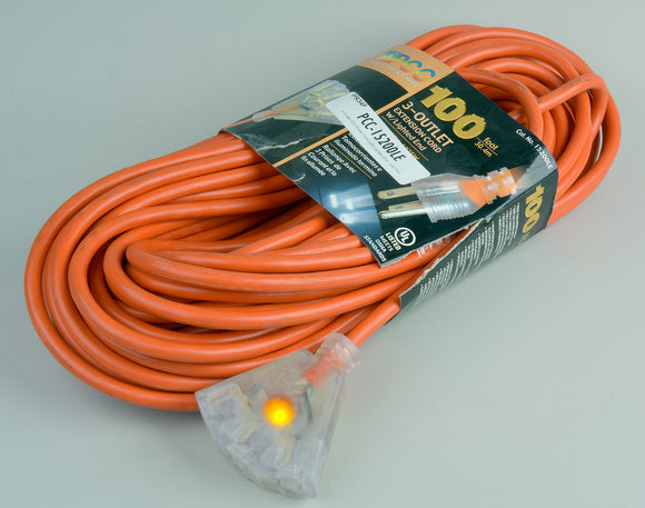 3 Outlet 12/3 Power Cord with Lighted End 100FT