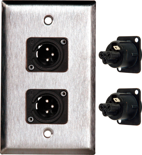 Single-Gang Brass Wall Plate with 2 Neutrik 3-Pin XLR Male - Terminal Blocks