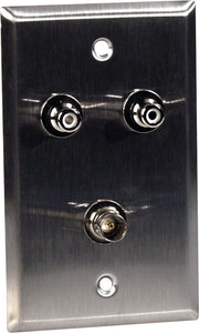 Single-Gang Clear Anodized Aluminum Wall Plate with 2 RCA Barrels & 1 BNC Barrel