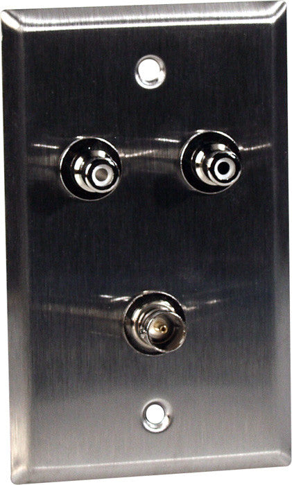 Single-Gang Clear Anodized Aluminum Wall Plate with 2 RCA Barrels & 1 BNC Barrel