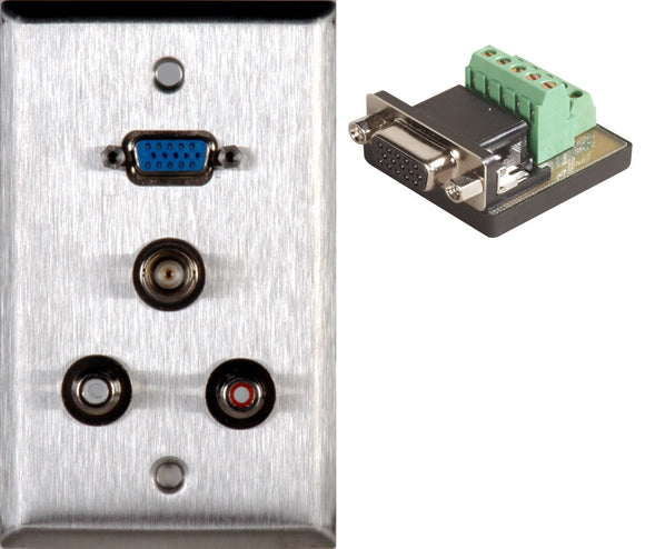 Single-Gang Brass Anodized Wall Plate with 1 HD15 VGA-TB / 2 RCA Barrels and 1 BNC Barrel