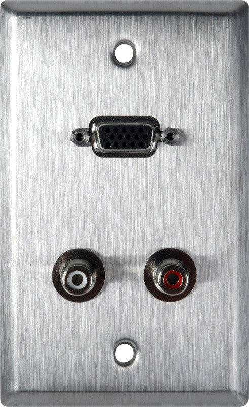 Single-Gang Stainless Wall Plate with 15-Pin HD Female Barrel & Dual RCA Barrels