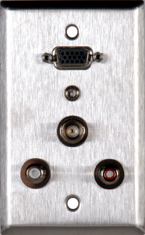 Single-Gang Stainless Plate with 15-Pin HD Female Barrel /2 RCA Barrels/1 Mini Jack/1 BNC