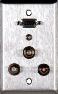 Single-Gang White Lexan Plate with 15-Pin HD Female Barrel /2 RCA Barrels/1 Mini Jack/1 BNC