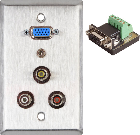 Single-Gang Plate with HD 15-Pin F-TB / 3 RCA Barrels/1 Mini Jack 3.5mm