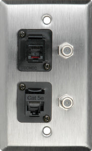 Single-Gang Black Anodized Wall Plate with 1-RJ45/1-RJ11 & 2- FJ-FJCM Barrel Connectors