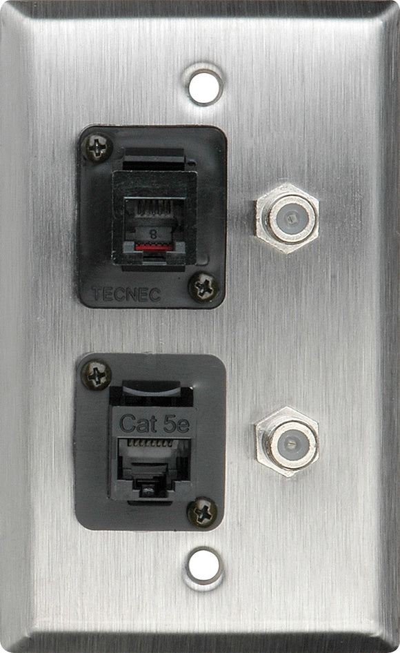 Single-Gang Black Anodized Wall Plate with 1-RJ45/1-RJ11 & 2- FJ-FJCM Barrel Connectors