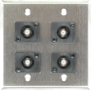 Double-Gang Brass Wall Plate with 4 Front Recessed F- Female Barrel Connectors