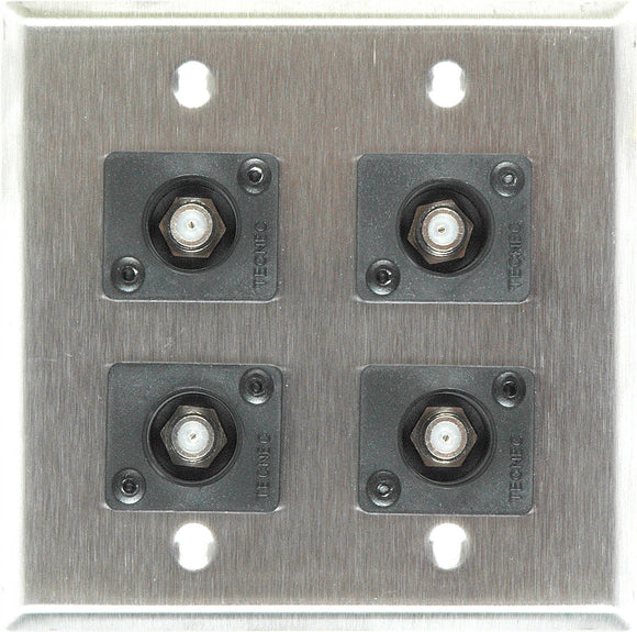 Double-Gang Brass Wall Plate with 4 Front Recessed F- Female Barrel Connectors