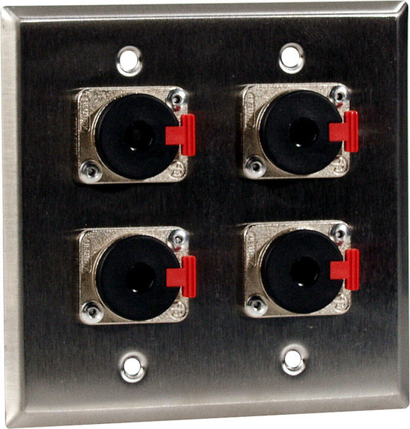 Double-Gang Black Anodized Wall Plate with 4 - Neutrik NJ3FP6C Stereo 1/4 Latching Jacks