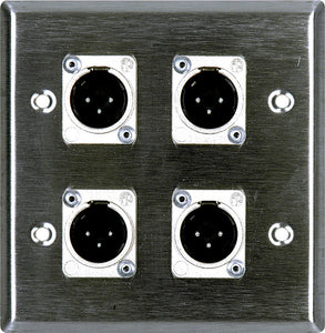 Double-Gang Stainless Steel Wall Plate with 4 Neutrik XLR 3-Pin Male Connectors