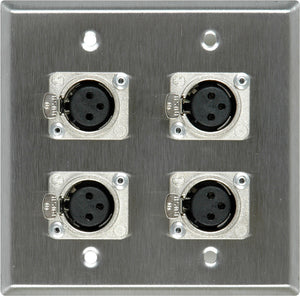 Double-Gang SSteel Wall Plate with 4 Neutrik Latching 3-Pin XLR Females