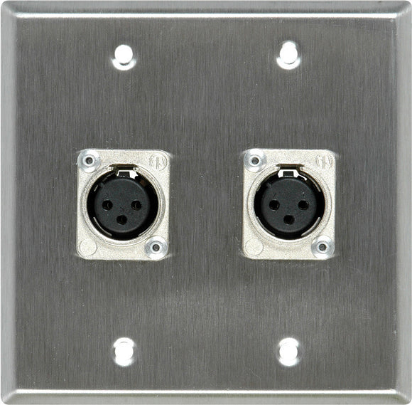 Double-Gang Brass Wall Plate with 2 Latchless 3-Pin XLR Females