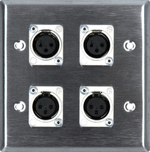 Double-Gang Brass Wall Plate with 4 Latchless 3-Pin XLR Females