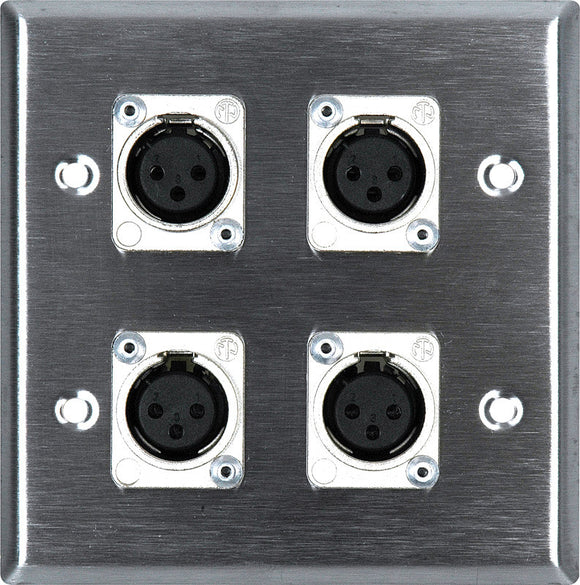 Double-Gang Clear Anodized Wall Plate with 4 Latchless 3-Pin XLR Females