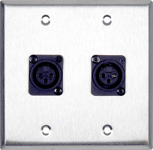 Double-Gang Black Anodized Wall Plate with 2 Plastic Latchless 3-Pin XLR-Fs