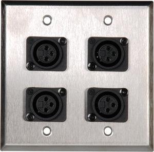 Double-Gang Clear Anodized Wall Plate with 4 Plastic Latchless 3-Pin XLR-Fs