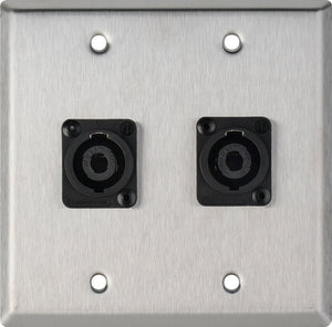 Double-Gang Black Anodized Wall Plate with 2 Neutrik NL4MP -D-Series 4 Pole Speakon