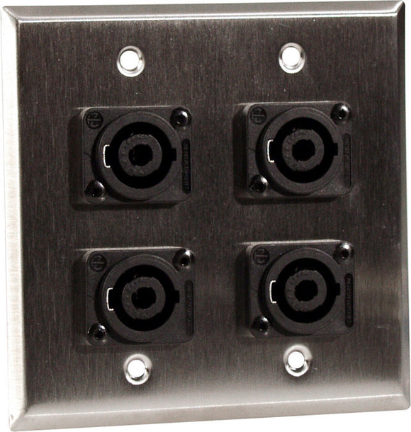 Double-Gang White Lexan Wall Plate with 4 Neutrik NL4MP 4-Pole Speakons