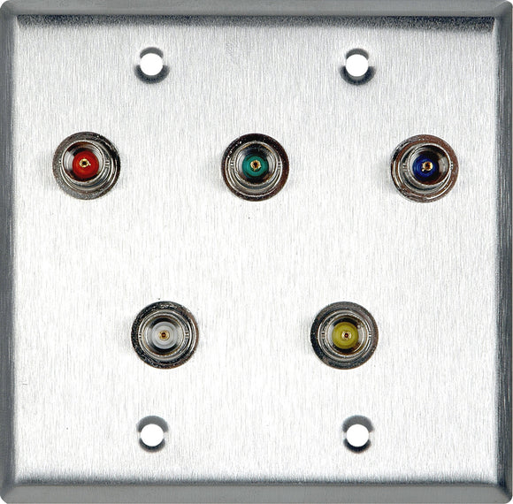 Double-Gang Stainless Steel Wall Plate with 5 BNC RGBHV Barrels