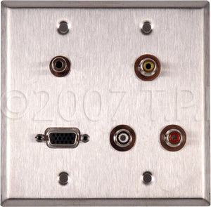 Double-Gang Brass Wall Plate with 3- PF-PFCM Rca Feed-Thru 1- HD15 & 1- 3.5 Mini Feed Thru