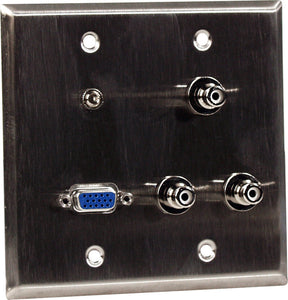 Double-Gang Black Anodized Wall Plate with 1-HD15F/3-RCA Barrels and 1 -3.5 Stereo Mini Jack