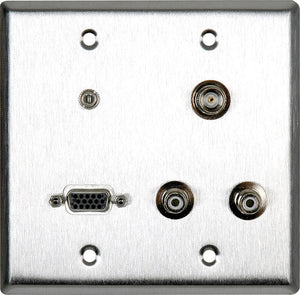 Double-Gang Brass Plate with 1-HD15F/1-BNC/2-RCA Barrels & 1 -3.5 Stereo Mini Jack