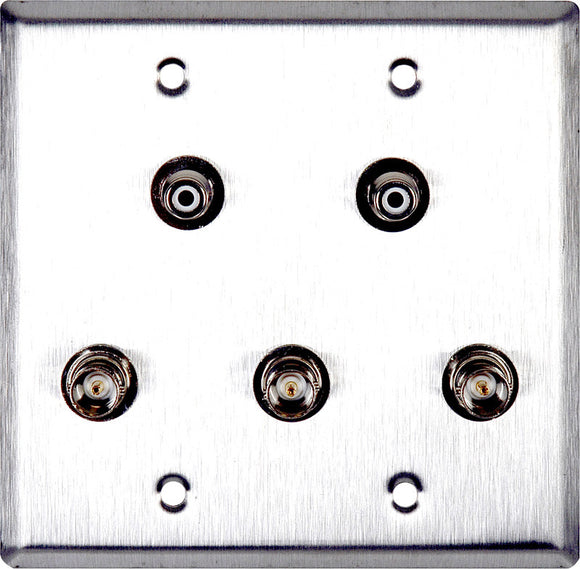 Double-Gang Gray Lexan Wall Plate with 3 BNC RGB Barrels & 2- RCA Barrels