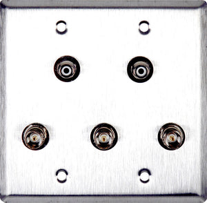 Double-Gang Black Anodized Wall Plate with 3 BNC RGB Barrels & 2- RCA Barrels