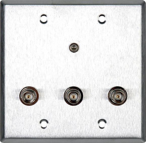 Double-Gang Brass Wall Plate with 3 BNC RGB Barrels & 1 Stereo Mini Jack