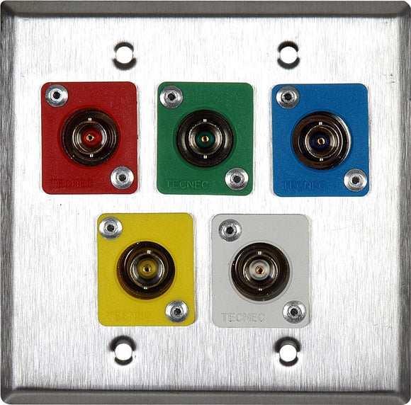 Double-Gang Black Anodized Wall Plate with 5 Color Coaded TecNec RE-BFBL Feed Thru BNCs