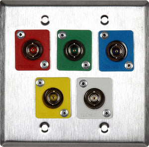 Double-Gang Brass Wall Plate with 5 Color Coaded TecNec RE-BFBL Feed Thru BNCs