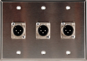 Triple Gang Black Anodized Wall Plate with 3 Neutrik Latching 3-Pin XLR Males