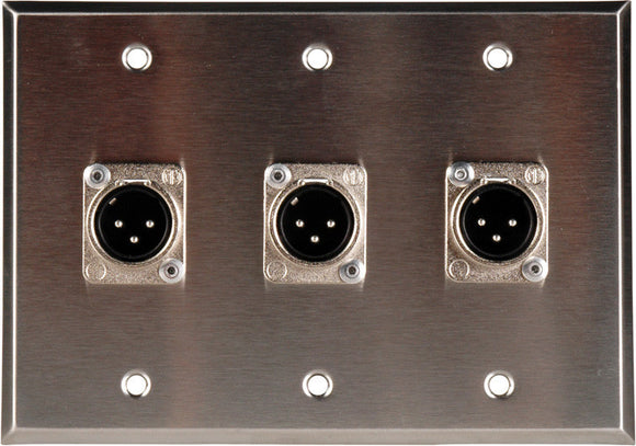 Triple Gang Stainless Steel Wall Plate with 3 Neutrik Latching 3-Pin XLR Males