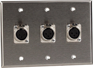 Triple Gang Clear Anodized Wall Plate with 3 Latching Neutrik 3-Pin XLR-Fs