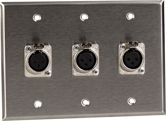 Triple Gang Clear Anodized Wall Plate with 3 Latching Neutrik 3-Pin XLR-Fs