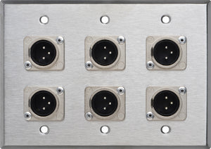 Triple Gang Stainless Steel Wall Plate with 6 Latching Neutrik 3-Pin XLR Males