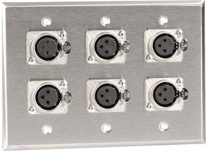 Triple Gang Stainless Plate with 6 Latching 3-Pin XLR Female Terminal Block