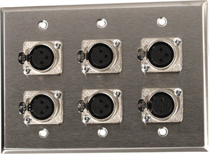 Triple Gang Stainless Steel Wall Plate with 6 Latching Neutrik 3-Pin XLR-Fs