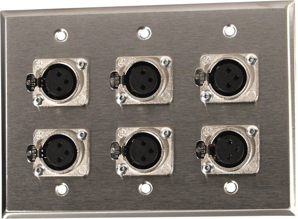 Triple Gang Black Anodized Wall Plate with 6 Latching Neutrik 3-Pin XLR-Fs