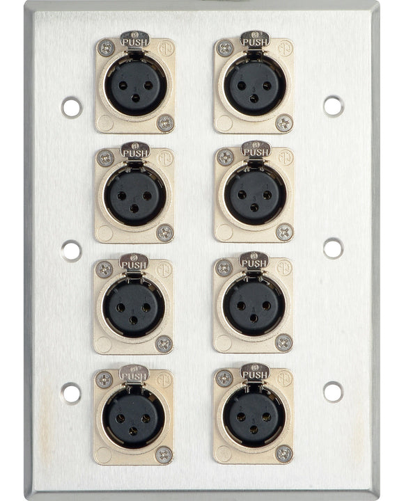 Triple Gang Stainless Steel Wall Plate with 8 NC3FD-L-1 XLR Connectors