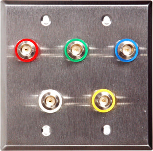 Double-Gang Brass Wall Plate with 5 Canare BNC Barrels each with Color Coding