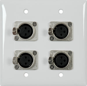 2 Gang White Lexan Wall Plate with 4 Neutrik Latching 3-Pin XLR